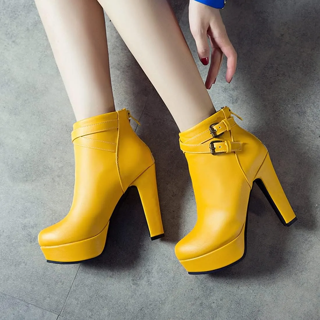 VOKLIN Women's Platform Block High Heel Ankle Boots Fashion Buckle Round Toe Back Zipper Dressy Short Booties