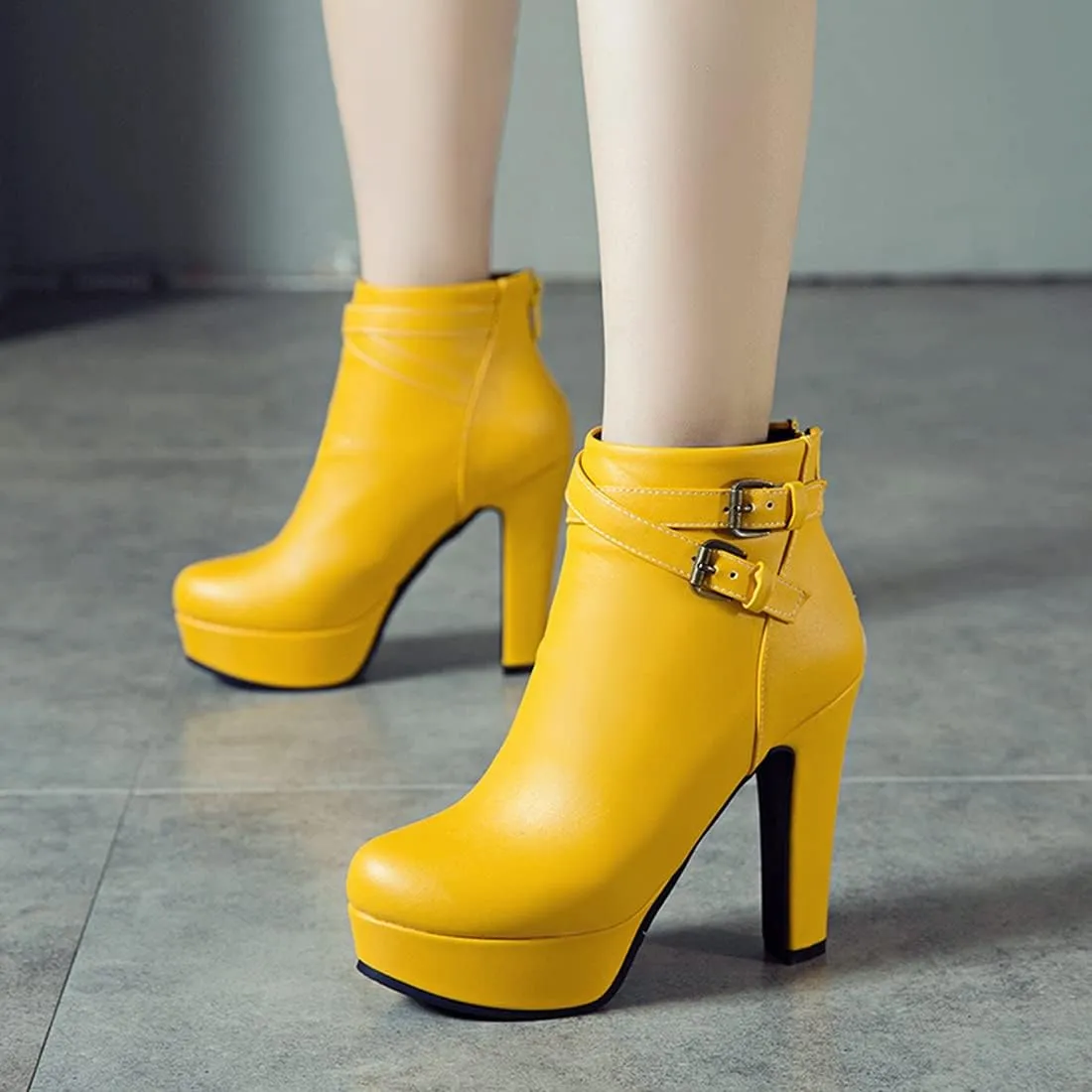 VOKLIN Women's Platform Block High Heel Ankle Boots Fashion Buckle Round Toe Back Zipper Dressy Short Booties