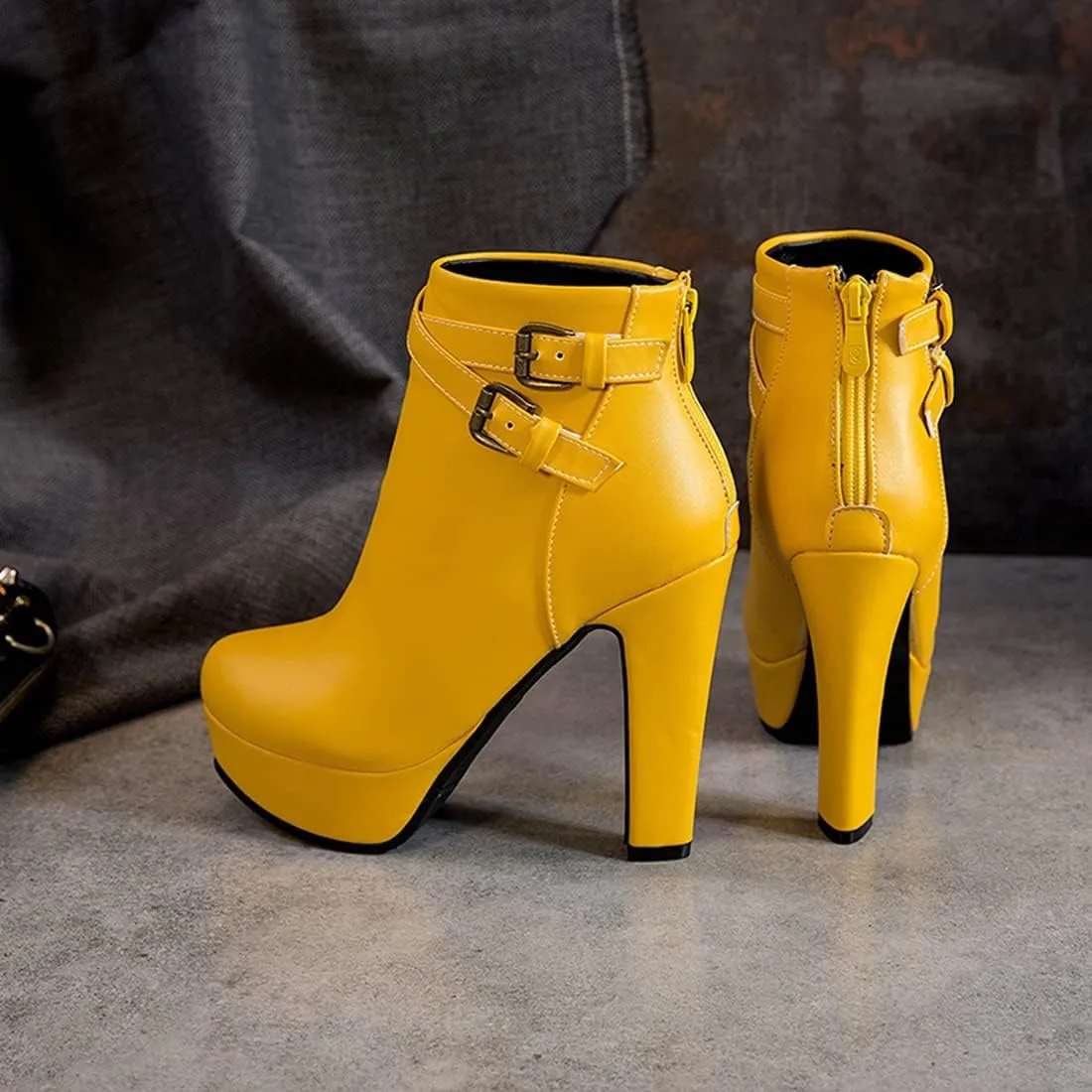 VOKLIN Women's Platform Block High Heel Ankle Boots Fashion Buckle Round Toe Back Zipper Dressy Short Booties