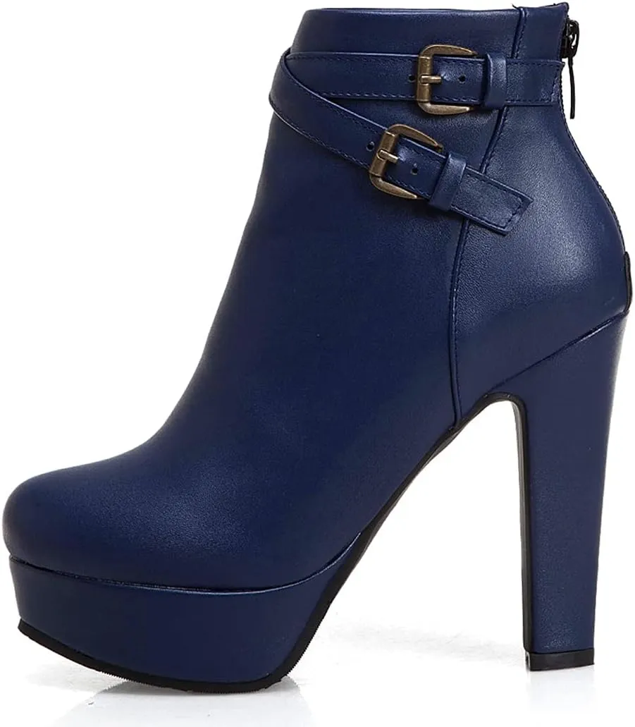 VOKLIN Women's Platform Block High Heel Ankle Boots Fashion Buckle Round Toe Back Zipper Dressy Short Booties