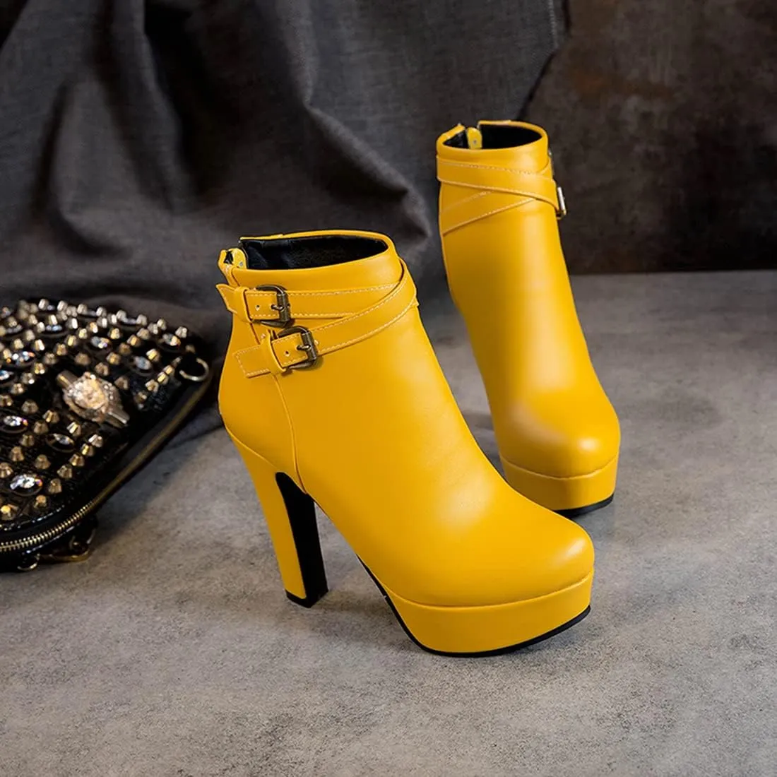VOKLIN Women's Platform Block High Heel Ankle Boots Fashion Buckle Round Toe Back Zipper Dressy Short Booties