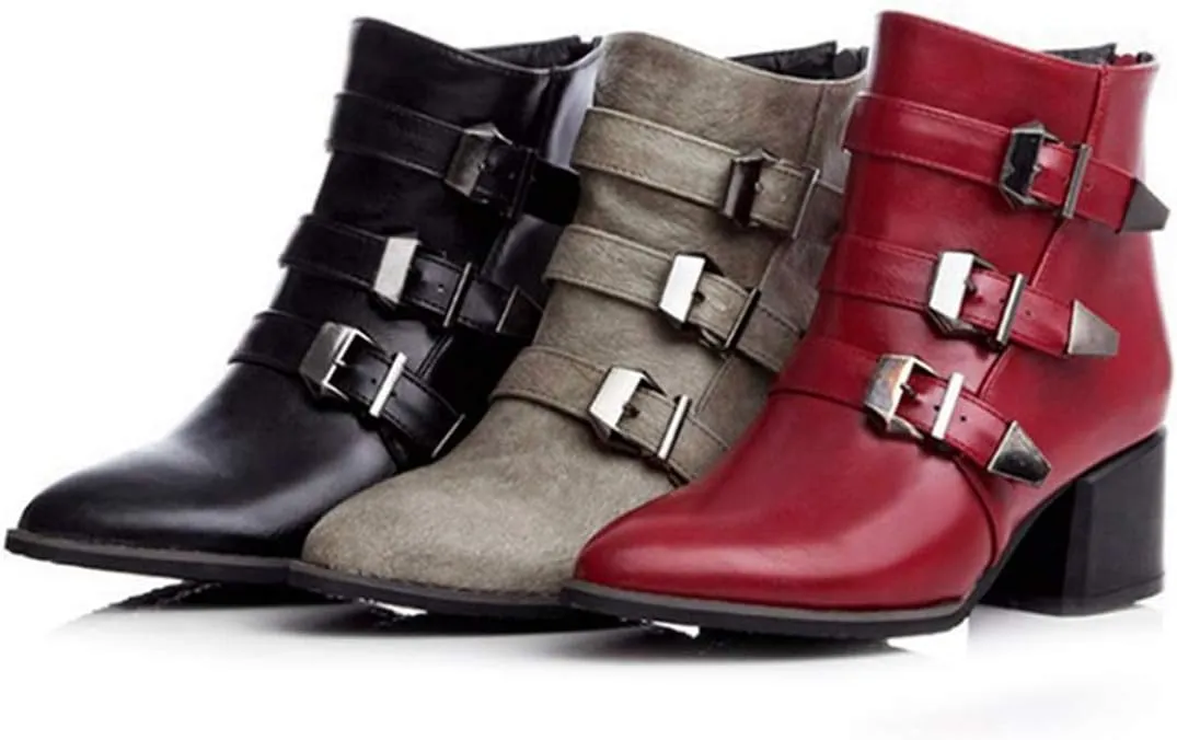 VOKLIN Women's Pointed Toe Chelsea Ankle Boots Buckle Strappy Block Heel Booties Zipper Western Short Boot