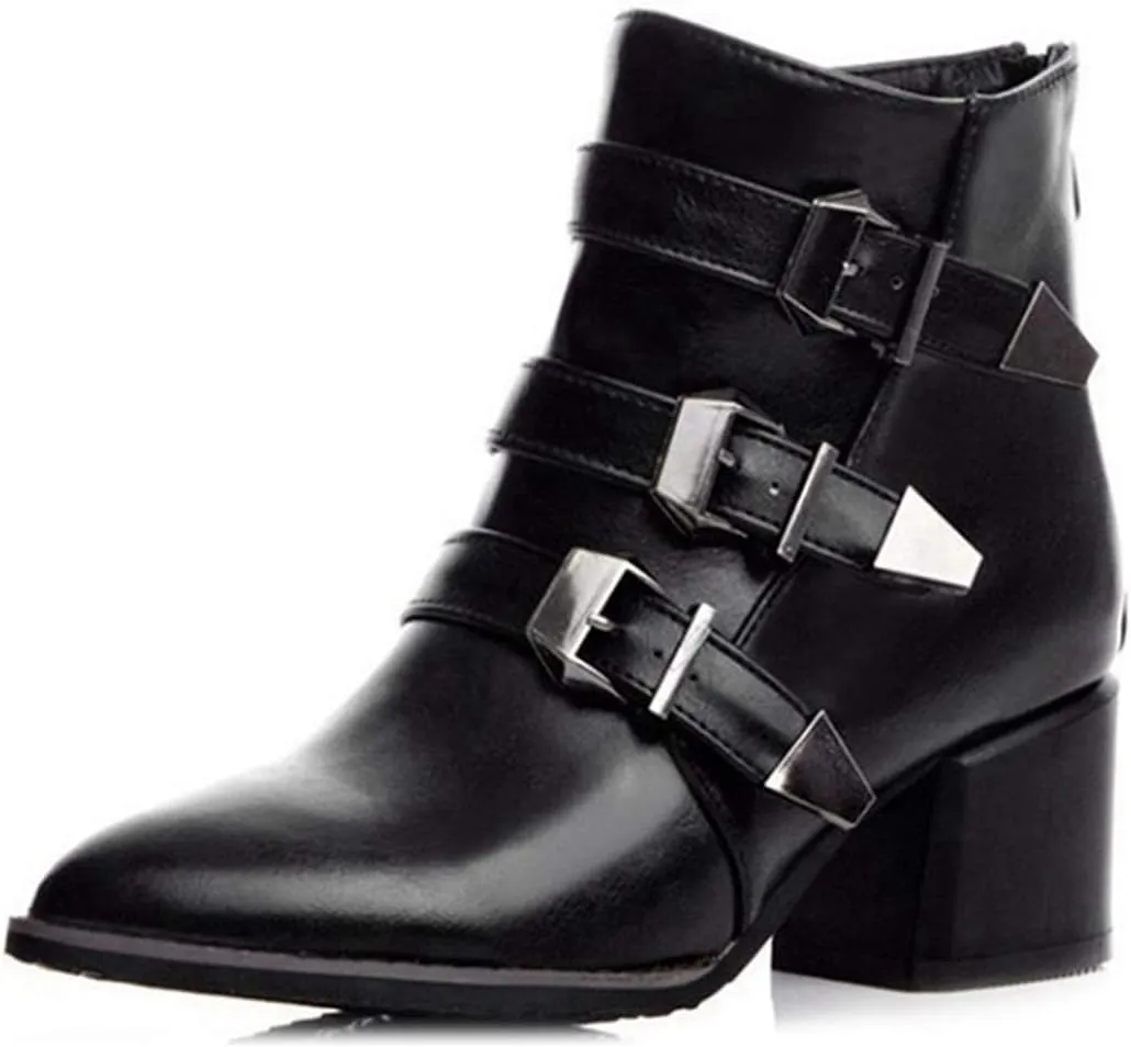 VOKLIN Women's Pointed Toe Chelsea Ankle Boots Buckle Strappy Block Heel Booties Zipper Western Short Boot