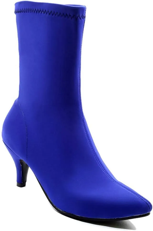VOKLIN Women's Pointed Toe Stretch Ankle Boots Fashion Pull On Comfy Kitten Low Heels Dressy Short Booties