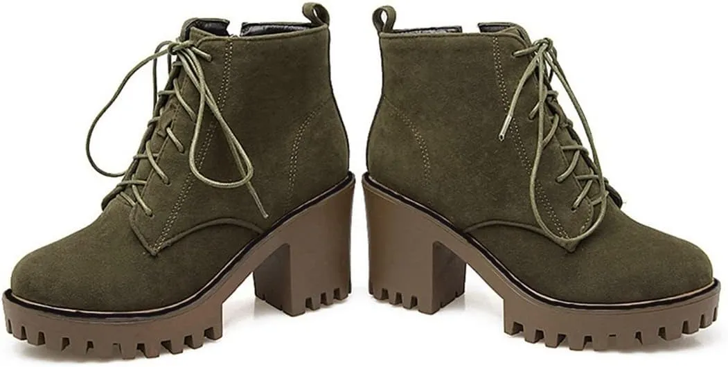 VOKLIN Women's Round Toe Platform Dressy Ankle Boots Lace Up Chunky Block High Heels Dressy Short Booties