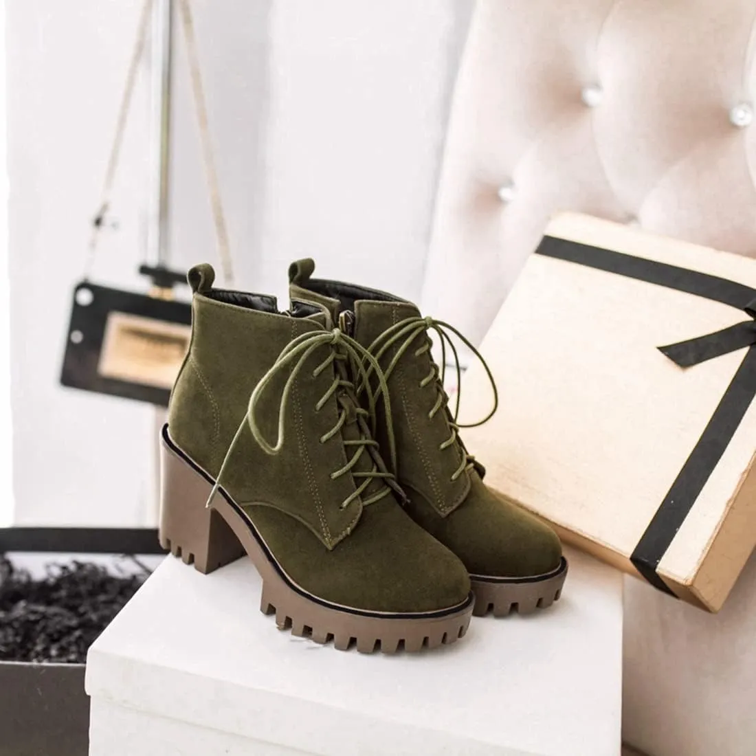VOKLIN Women's Round Toe Platform Dressy Ankle Boots Lace Up Chunky Block High Heels Dressy Short Booties