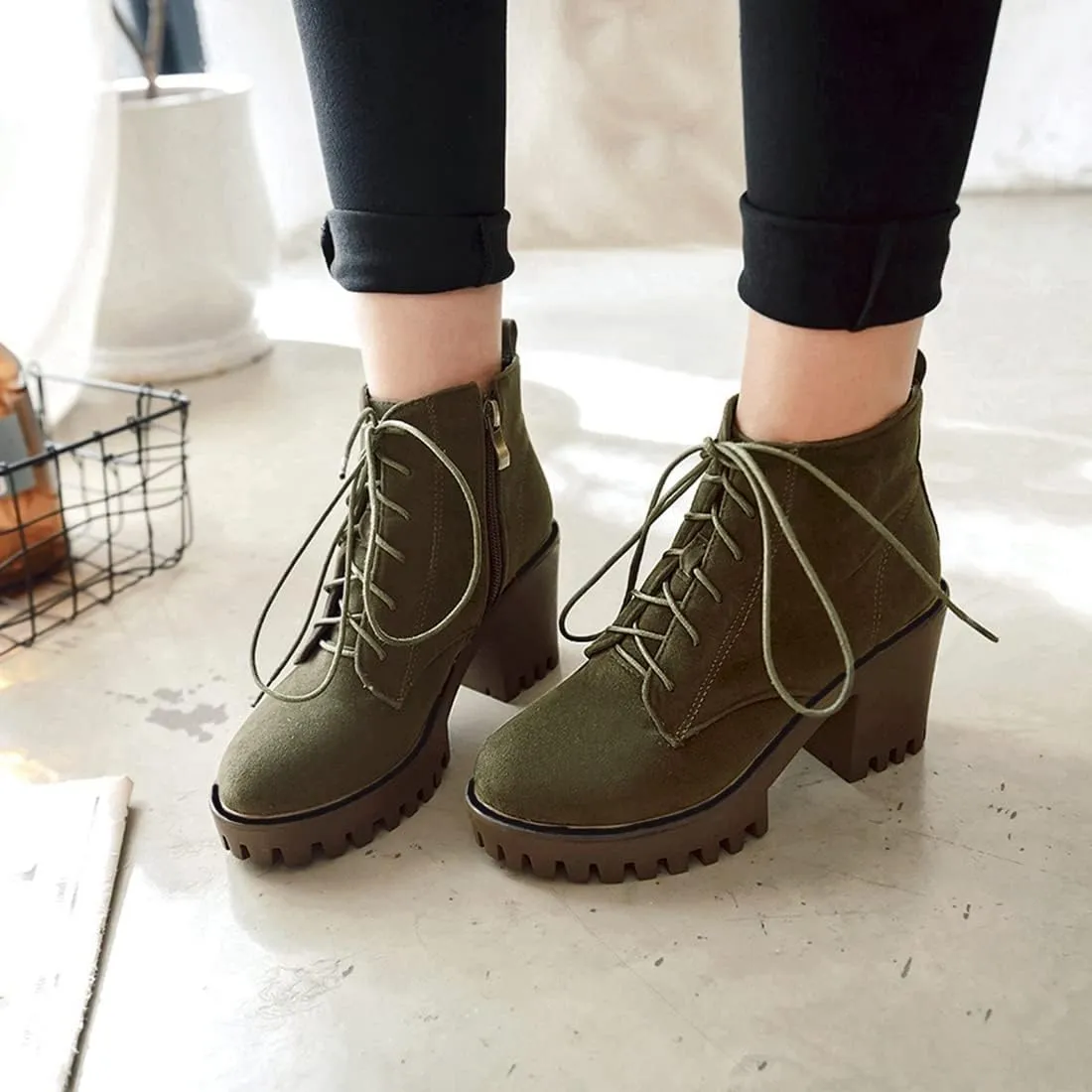 VOKLIN Women's Round Toe Platform Dressy Ankle Boots Lace Up Chunky Block High Heels Dressy Short Booties