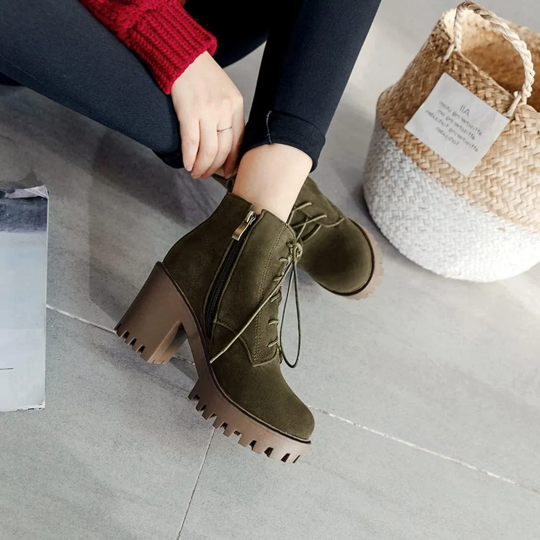 VOKLIN Women's Round Toe Platform Dressy Ankle Boots Lace Up Chunky Block High Heels Dressy Short Booties