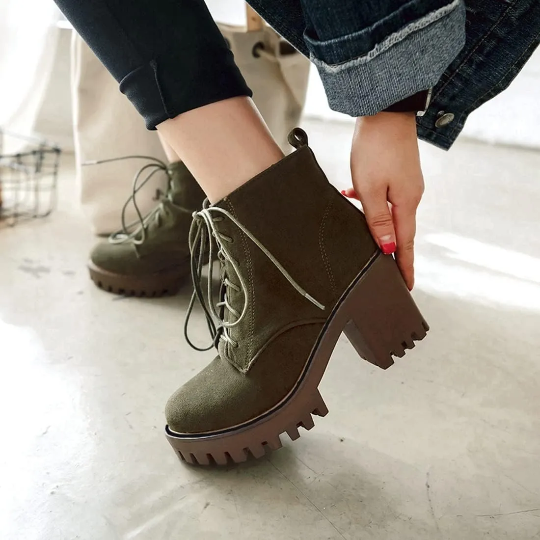 VOKLIN Women's Round Toe Platform Dressy Ankle Boots Lace Up Chunky Block High Heels Dressy Short Booties