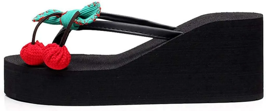 VOKLIN Women's Wedge High Heel Flipflop Sandals Bohemian Flowers Summer Platform Nonslip Beach Thong Sandal