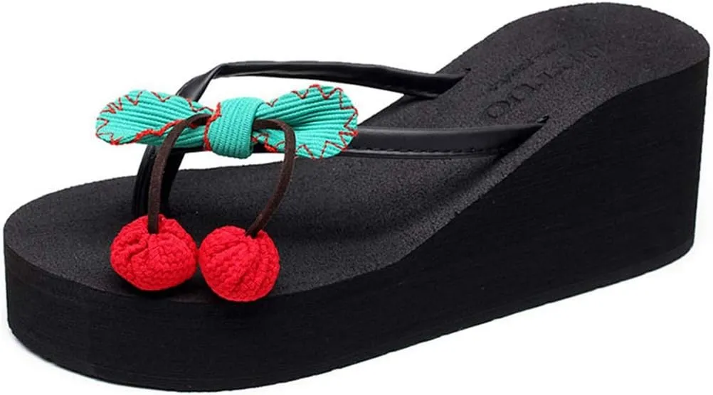 VOKLIN Women's Wedge High Heel Flipflop Sandals Bohemian Flowers Summer Platform Nonslip Beach Thong Sandal