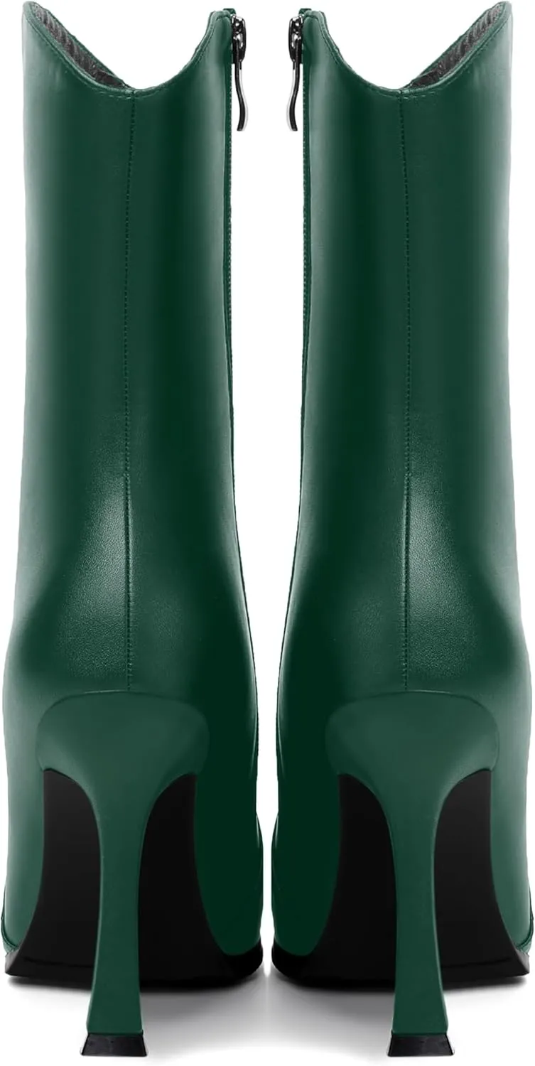 WAYDERNS Womens Business Pointed Toe Sexy Matte Zip Solid Spool High Heel Ankle High Boots 4 Inch