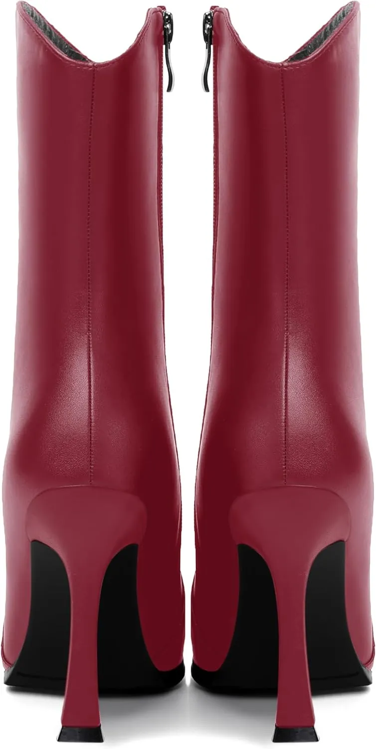 WAYDERNS Womens Business Pointed Toe Sexy Matte Zip Solid Spool High Heel Ankle High Boots 4 Inch