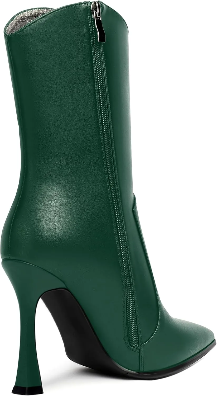 WAYDERNS Womens Business Pointed Toe Sexy Matte Zip Solid Spool High Heel Ankle High Boots 4 Inch