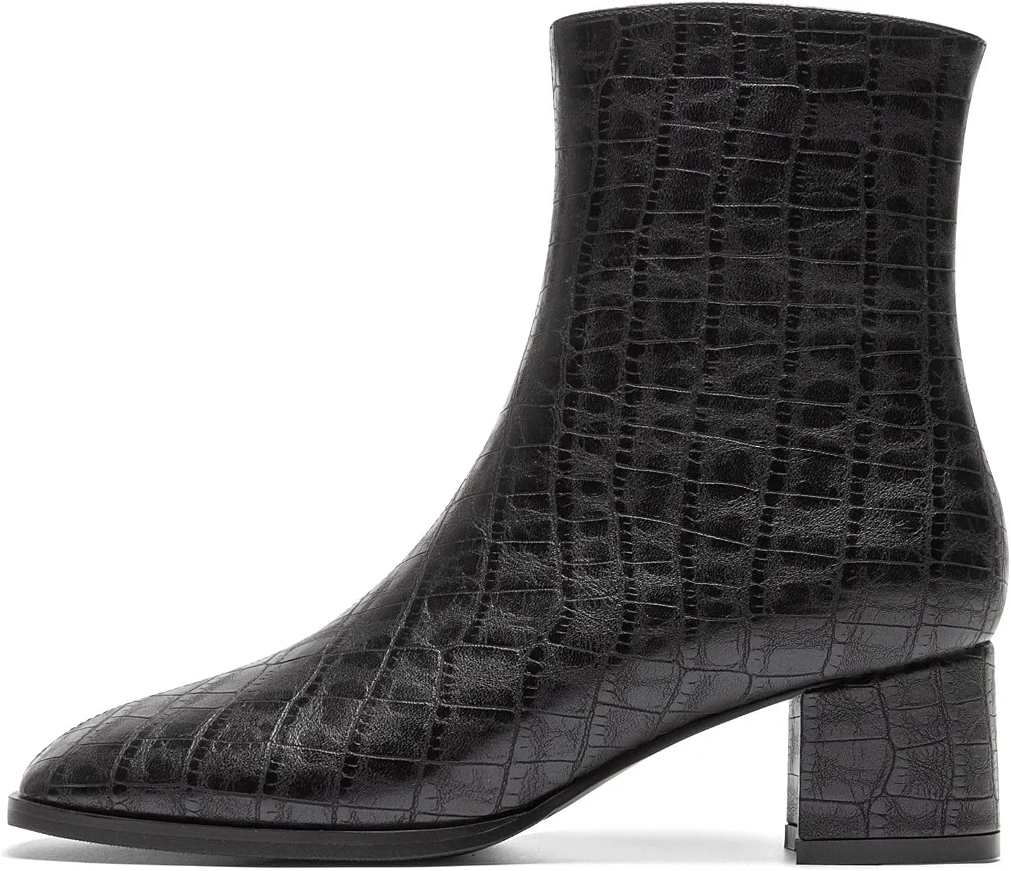 WAYDERNS Women's Square Toe Microfiber Zip Crocodile Print Chunky Low Heel Ankle High Boots 2 Inch