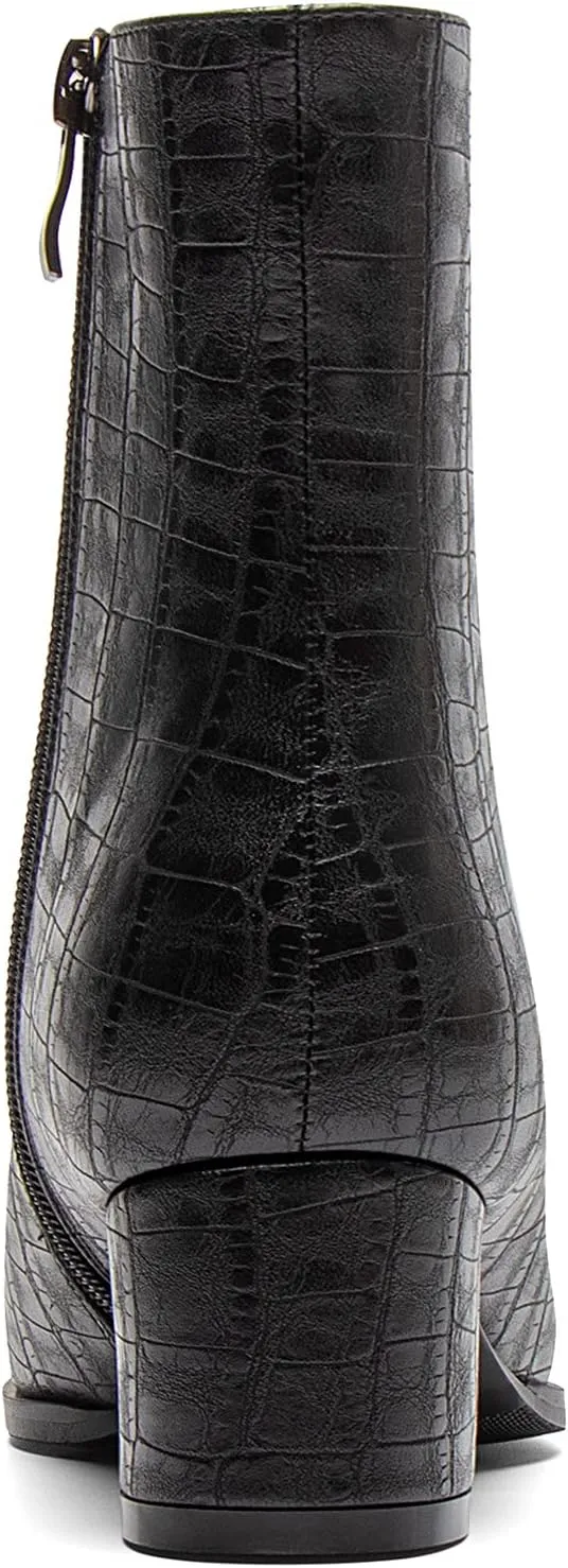 WAYDERNS Women's Square Toe Microfiber Zip Crocodile Print Chunky Low Heel Ankle High Boots 2 Inch