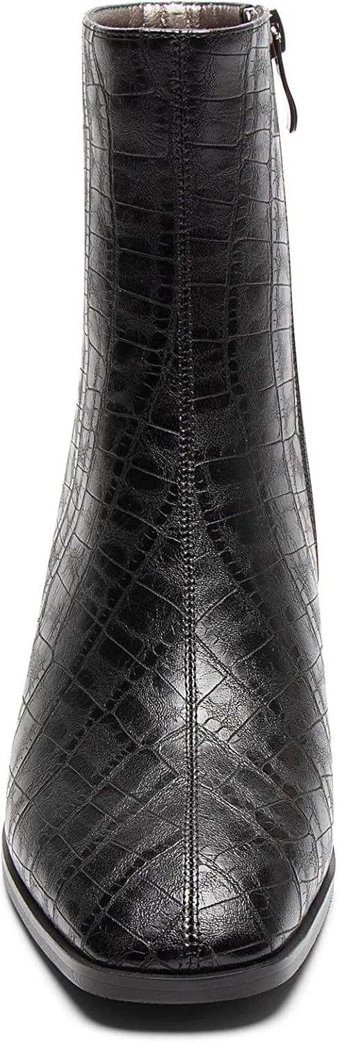 WAYDERNS Women's Square Toe Microfiber Zip Crocodile Print Chunky Low Heel Ankle High Boots 2 Inch