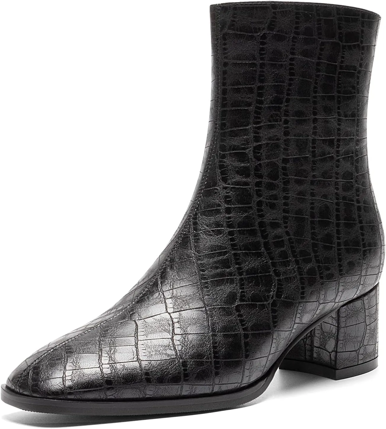 WAYDERNS Women's Square Toe Microfiber Zip Crocodile Print Chunky Low Heel Ankle High Boots 2 Inch