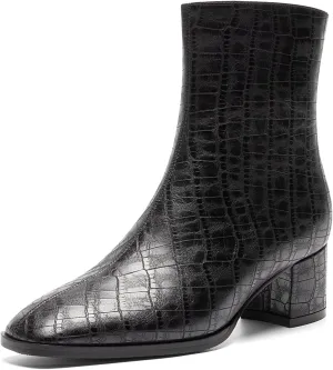 WAYDERNS Women's Square Toe Microfiber Zip Crocodile Print Chunky Low Heel Ankle High Boots 2 Inch