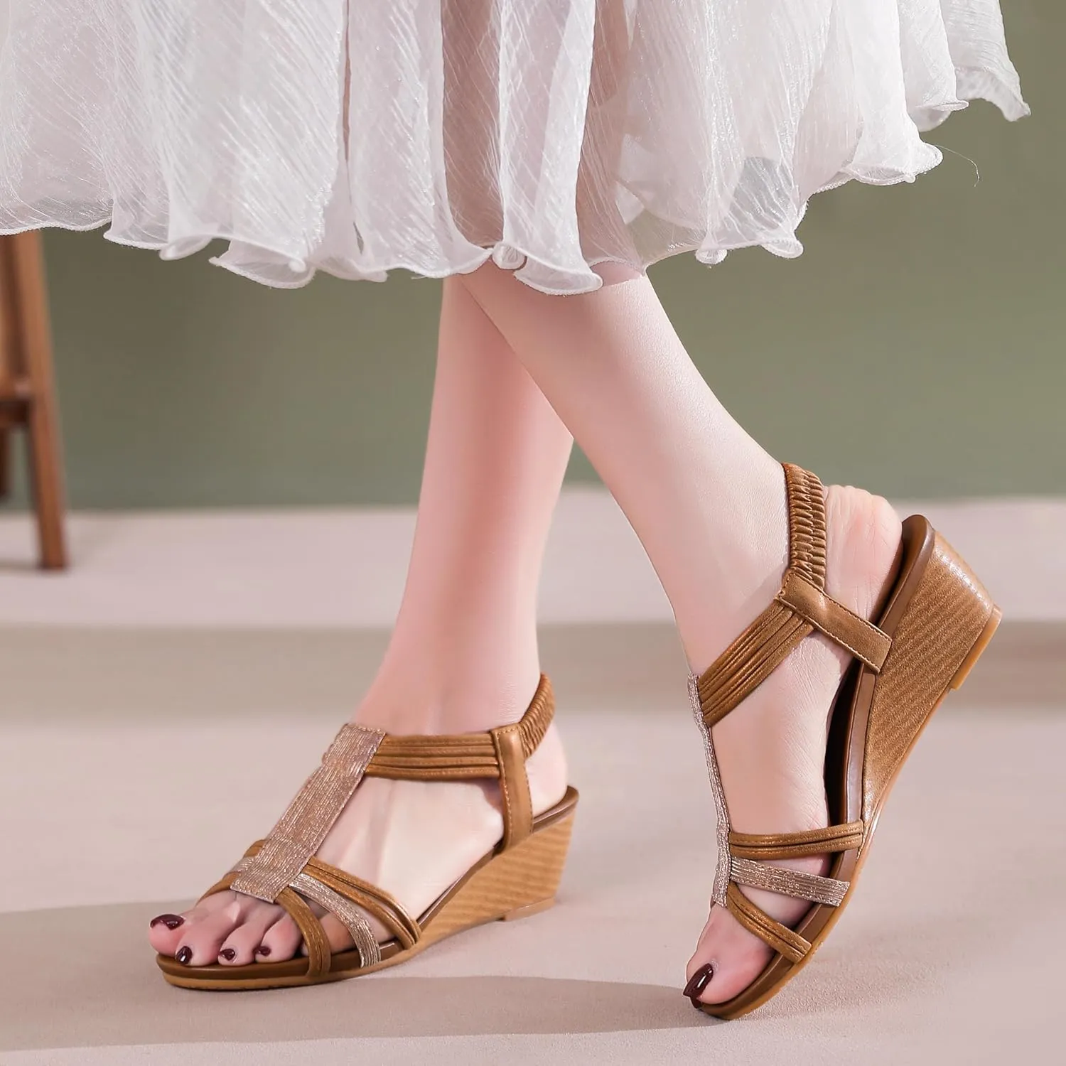 Wedge Sandals for Women Dressy - Comfortable Elastic Ankle Strap Wedges Sandals Open Toe Casual Summer Shoes