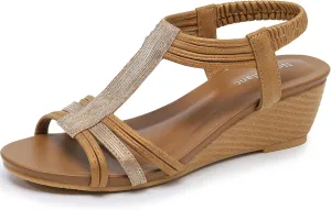 Wedge Sandals for Women Dressy - Comfortable Elastic Ankle Strap Wedges Sandals Open Toe Casual Summer Shoes