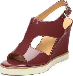 Wedge Sandals for Women,Slingback Open Toe Patent Wedge Heels,Womens Round Toe Slip on Heeled Sandals,Casual Dress Party Shoes 3.3 Inch