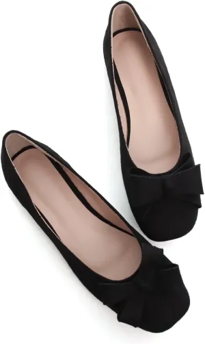 WENJIAZHIZHI Square Toe Bow Flats for Women Solid Color Low-Heel Slip-ons Cozy Soft Office Lady Dress Shoes