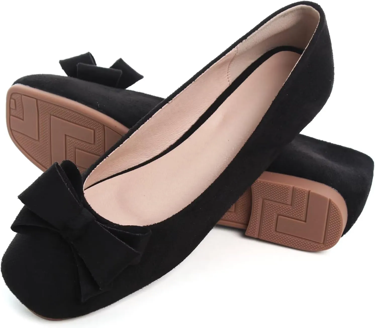 WENJIAZHIZHI Square Toe Bow Flats for Women Solid Color Low-Heel Slip-ons Cozy Soft Office Lady Dress Shoes