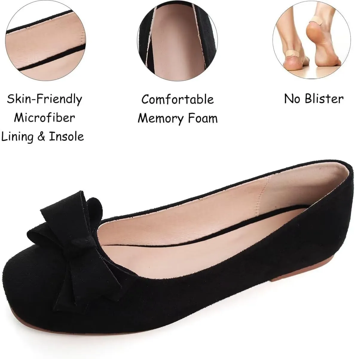 WENJIAZHIZHI Square Toe Bow Flats for Women Solid Color Low-Heel Slip-ons Cozy Soft Office Lady Dress Shoes