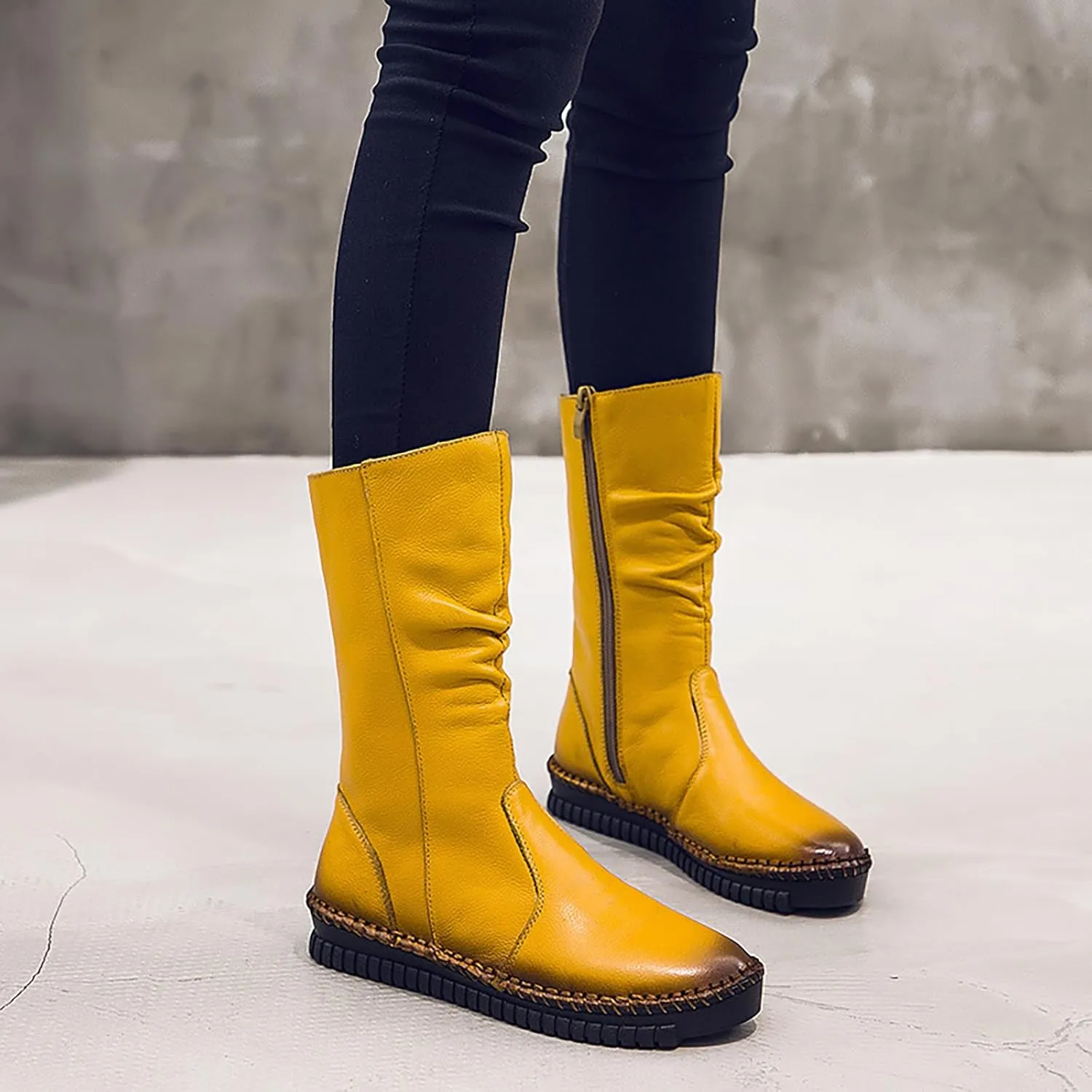 WENOREG Women's Hand Stitching Pleated Flat Mid Calf Boots,Fashion Leather Stitching Side Zipper Comfort Outdoor Anti-slip Work Walking Winter Boots Keep Warm Plush Lining Platform Boots
