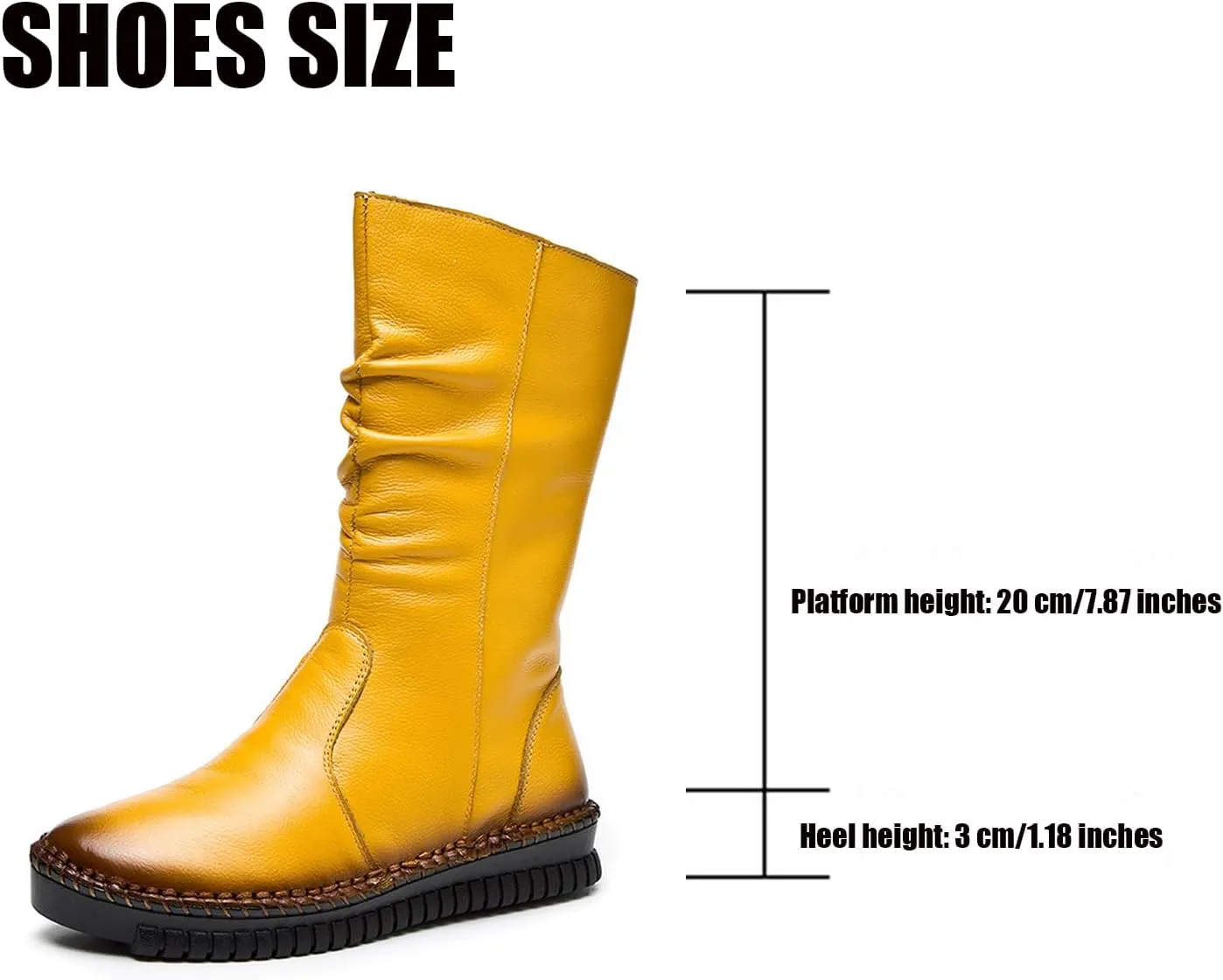 WENOREG Women's Hand Stitching Pleated Flat Mid Calf Boots,Fashion Leather Stitching Side Zipper Comfort Outdoor Anti-slip Work Walking Winter Boots Keep Warm Plush Lining Platform Boots