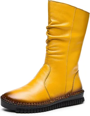 WENOREG Women's Hand Stitching Pleated Flat Mid Calf Boots,Fashion Leather Stitching Side Zipper Comfort Outdoor Anti-slip Work Walking Winter Boots Keep Warm Plush Lining Platform Boots