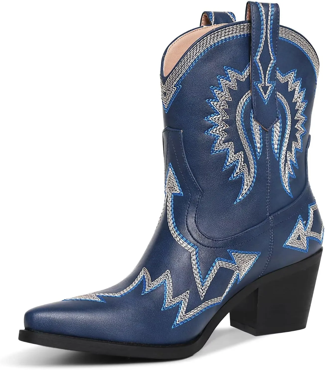 Western Boots for Women Metallic Embroidered Pointed Toe Cowgirl Boots Chunky Heel Pull-On Short Cowboy Boots Wide Calf Country Ankle Boots
