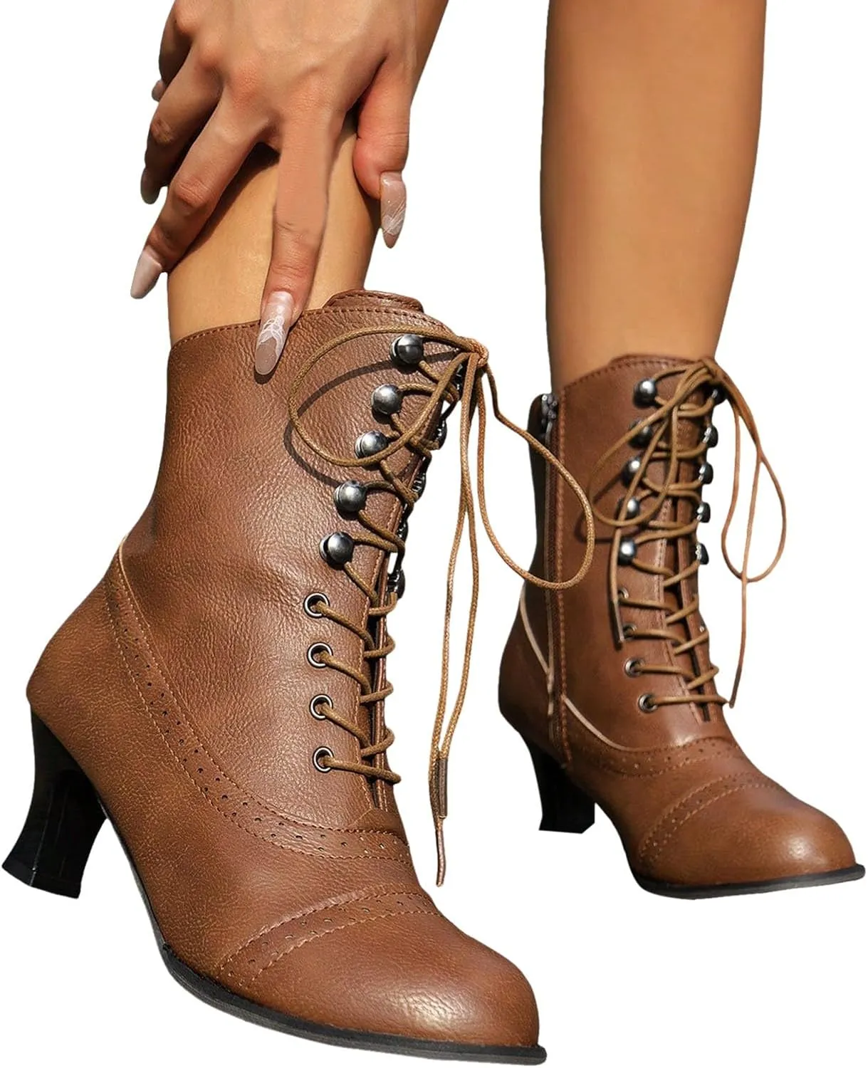 Western Cowboy Boots for Women Kitten Heel,Victorian Mid Calf Boot Lace Up Ankle Booties Comfy Walking Dressy Shoes