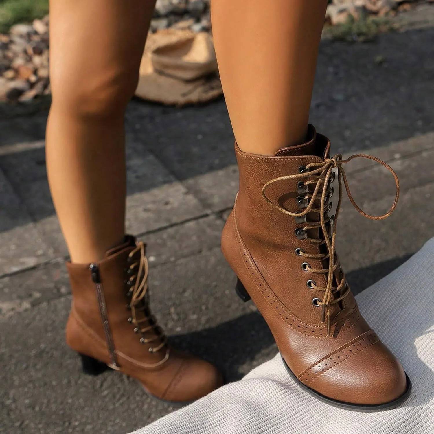 Western Cowboy Boots for Women Kitten Heel,Victorian Mid Calf Boot Lace Up Ankle Booties Comfy Walking Dressy Shoes