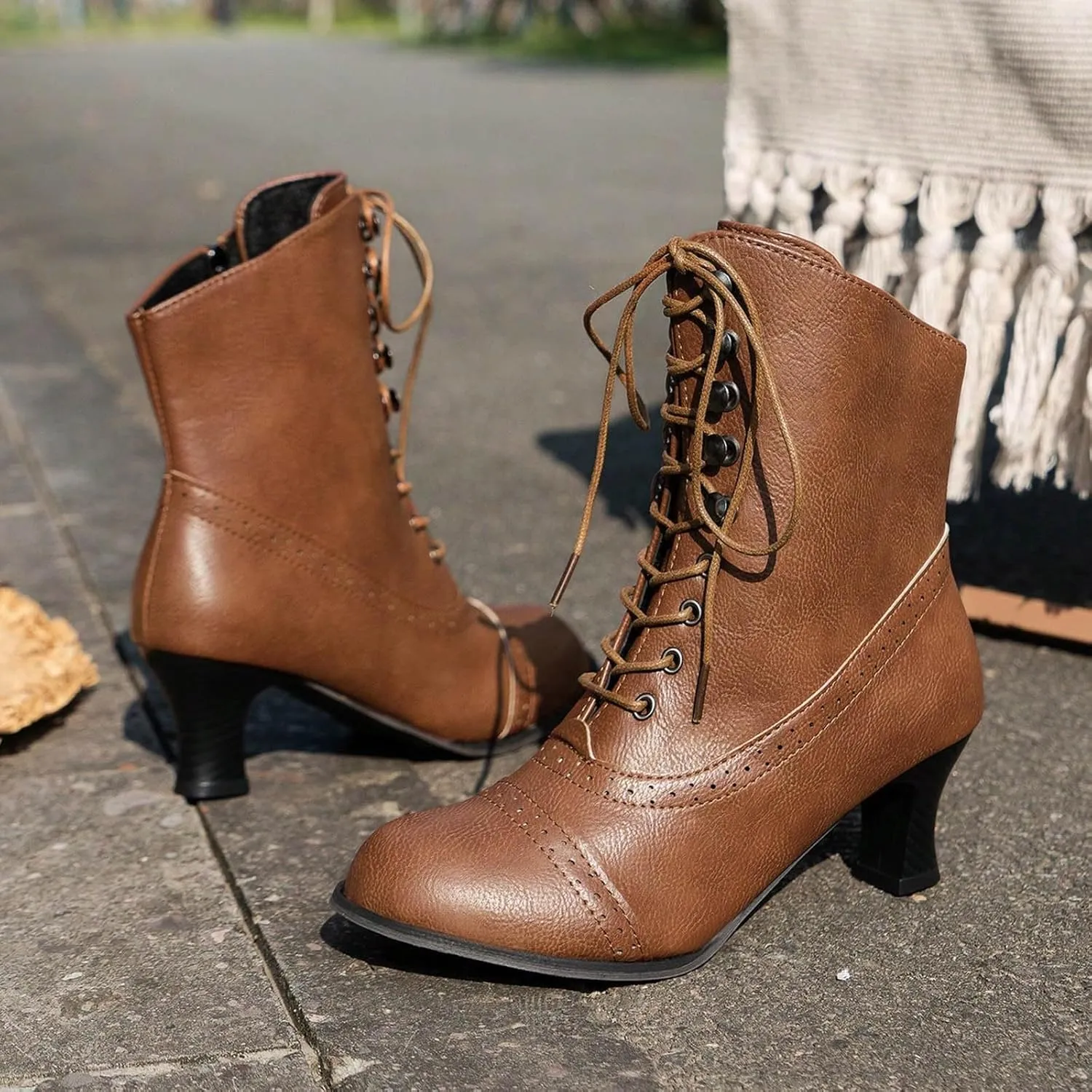 Western Cowboy Boots for Women Kitten Heel,Victorian Mid Calf Boot Lace Up Ankle Booties Comfy Walking Dressy Shoes