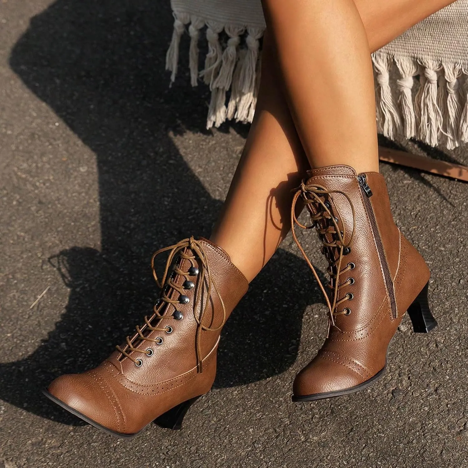 Western Cowboy Boots for Women Kitten Heel,Victorian Mid Calf Boot Lace Up Ankle Booties Comfy Walking Dressy Shoes
