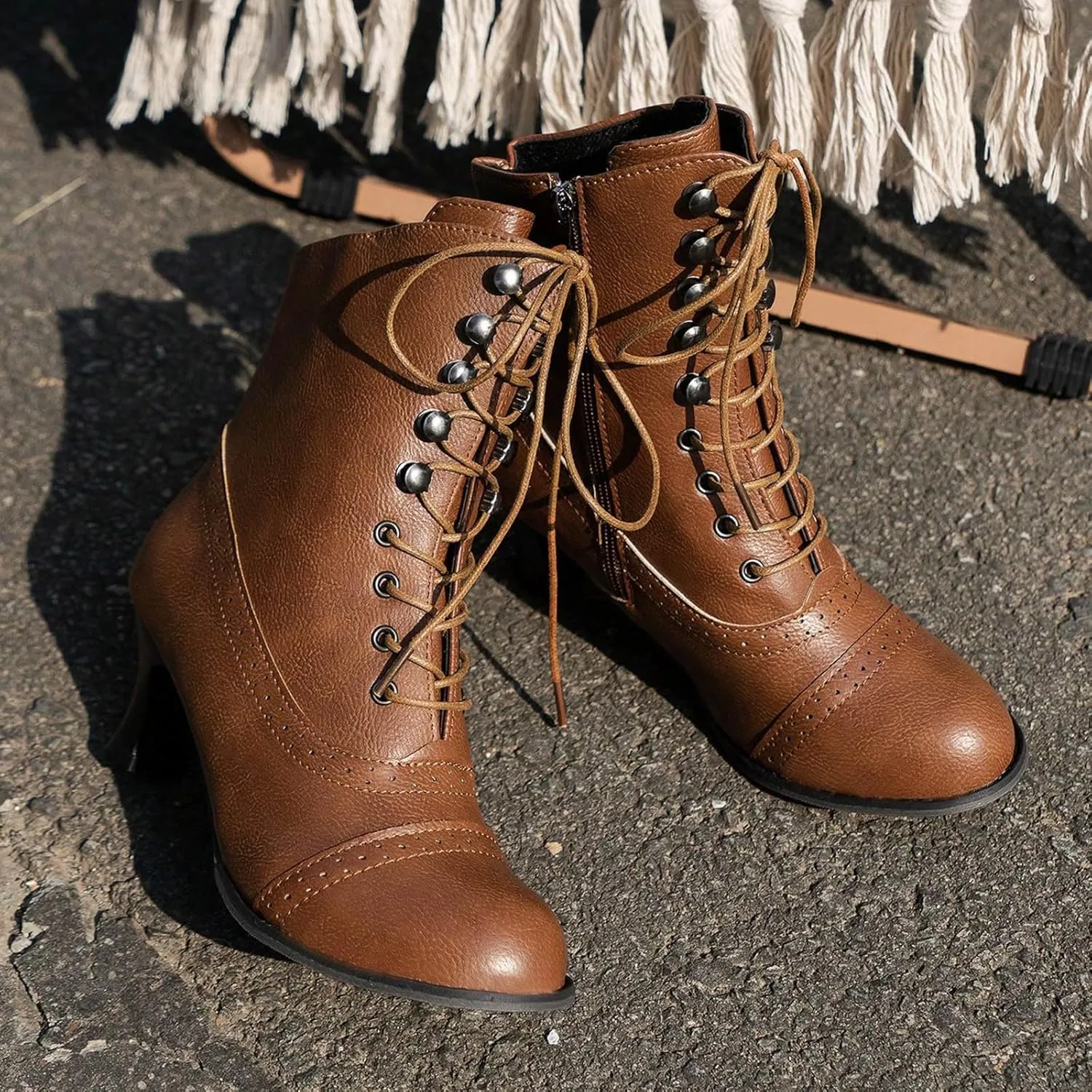 Western Cowboy Boots for Women Kitten Heel,Victorian Mid Calf Boot Lace Up Ankle Booties Comfy Walking Dressy Shoes