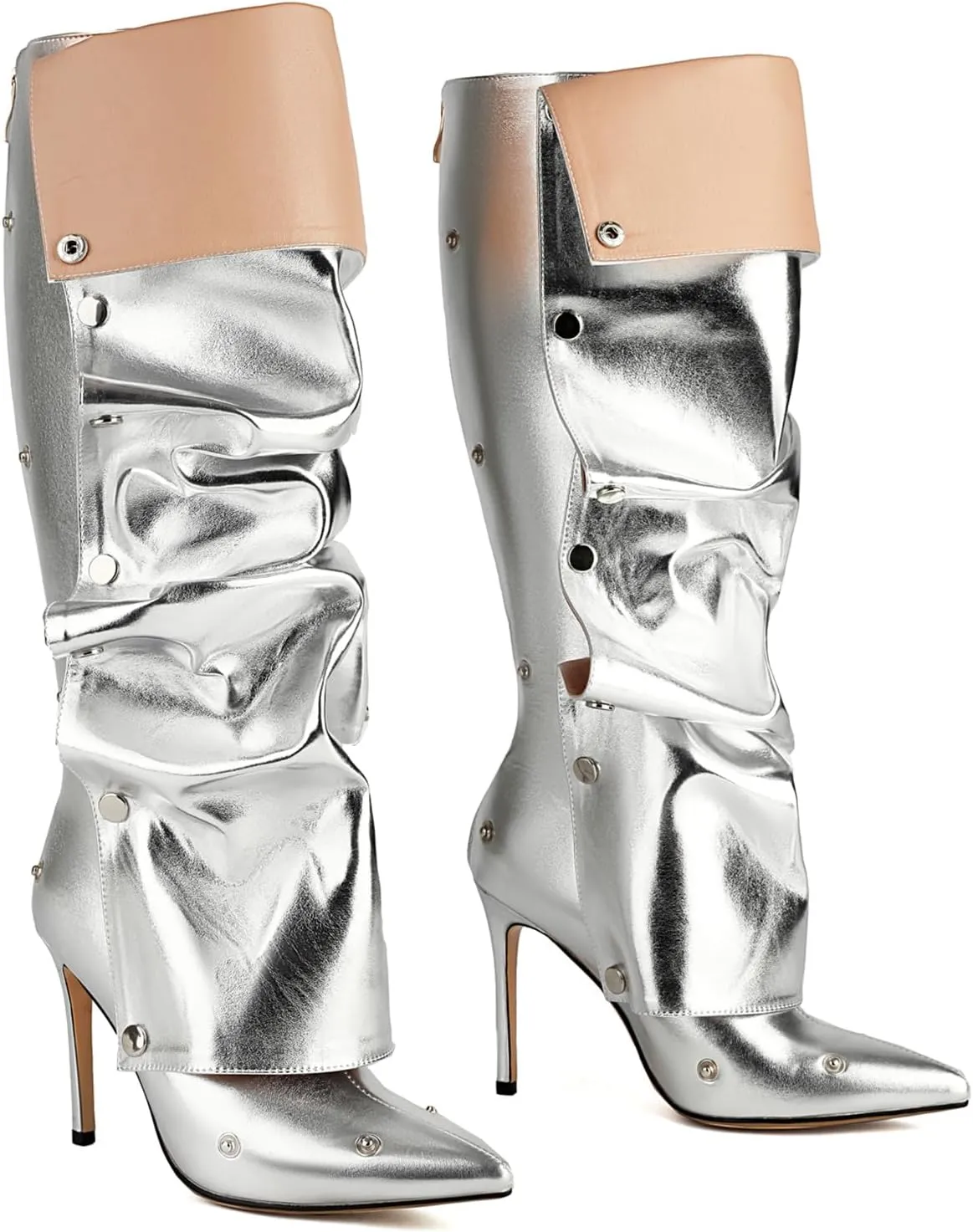 Wide Calf Slouch Boots for Women Sexy Stiletto Heel Detachable Snap-off Panel Shark Boots Pointed Toe Pleated Knee High Boots