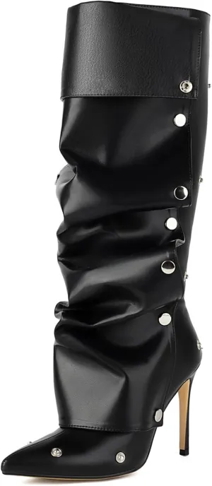 Wide Calf Slouch Boots for Women Sexy Stiletto Heel Detachable Snap-off Panel Shark Boots Pointed Toe Pleated Knee High Boots