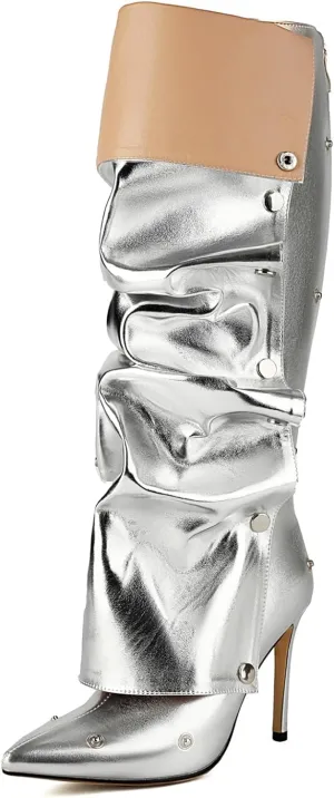 Wide Calf Slouch Boots for Women Sexy Stiletto Heel Detachable Snap-off Panel Shark Boots Pointed Toe Pleated Knee High Boots