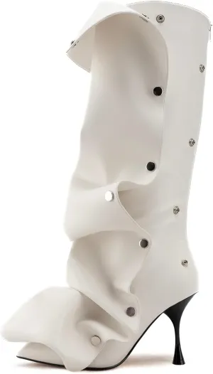 WIRALOMI Women's Slouchy Ruched Knee High Boots Black Stud Pointed Toe Stiletto Heels Casual Modern All Season Boots with Detachable Snap Panel