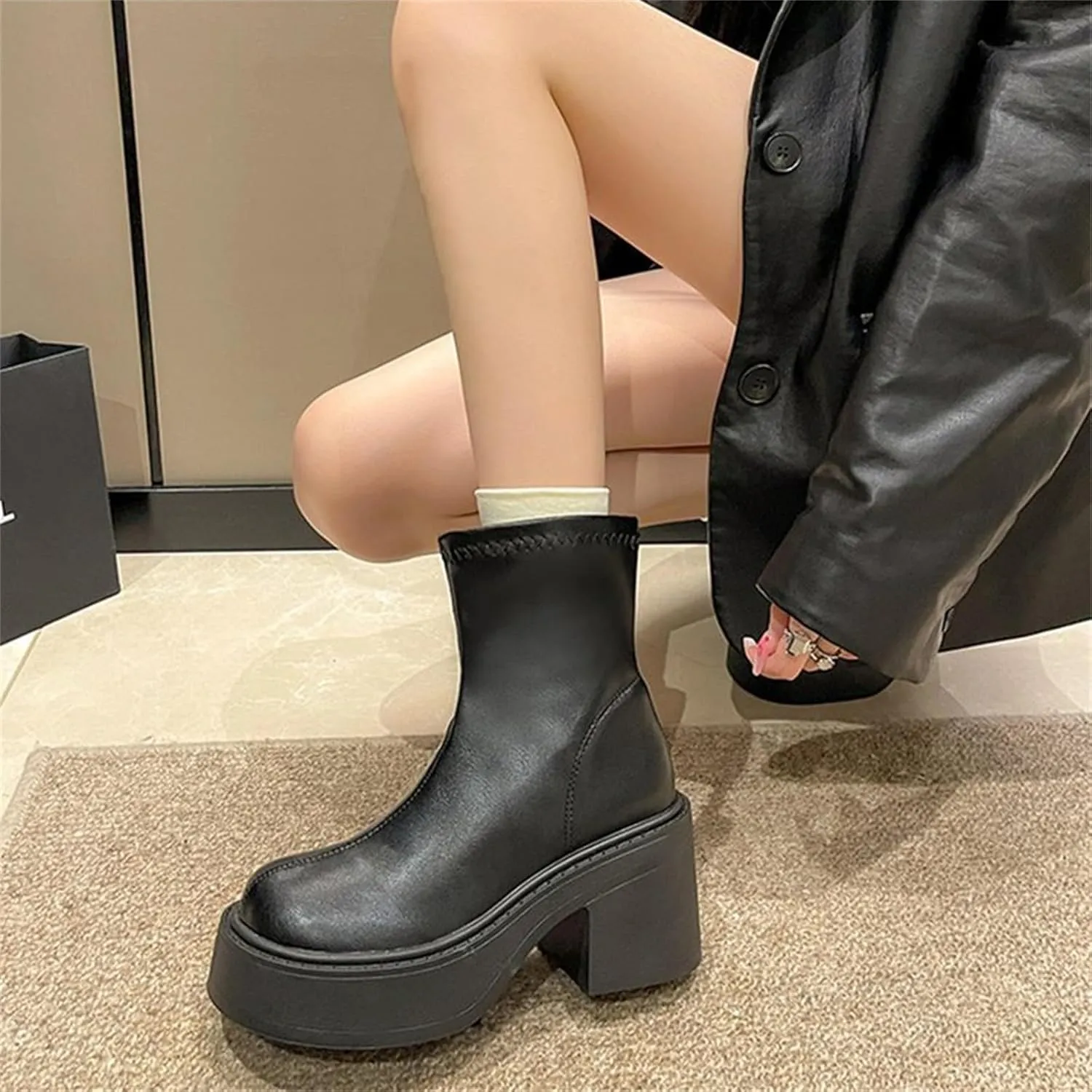 Women Ankle Boots Women Booties Ankle Womans Booties Low Cut Boots for Women Black Leather Ankle Boots for Women Chunky Heel Booties To Wear with Dresses Narrow Ankle