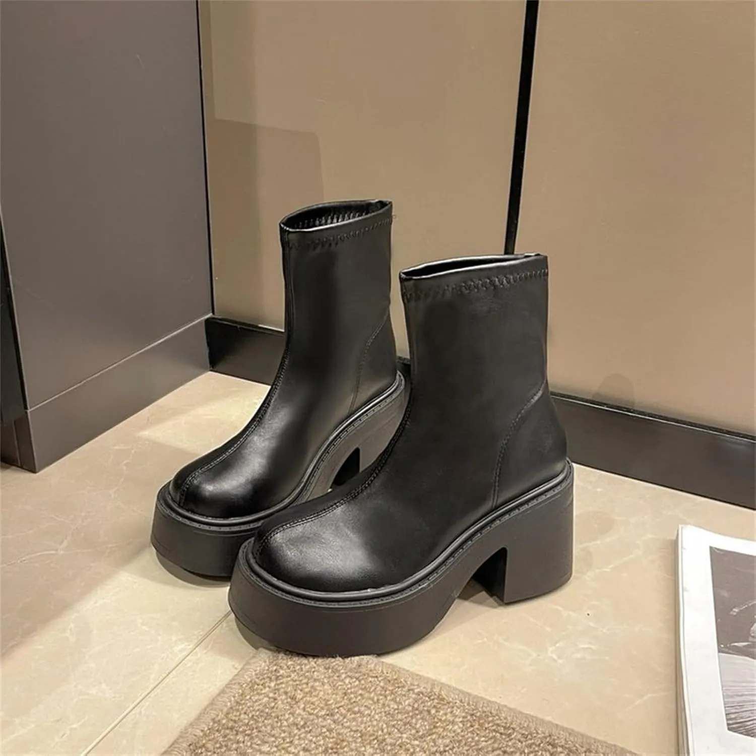 Women Ankle Boots Women Booties Ankle Womans Booties Low Cut Boots for Women Black Leather Ankle Boots for Women Chunky Heel Booties To Wear with Dresses Narrow Ankle