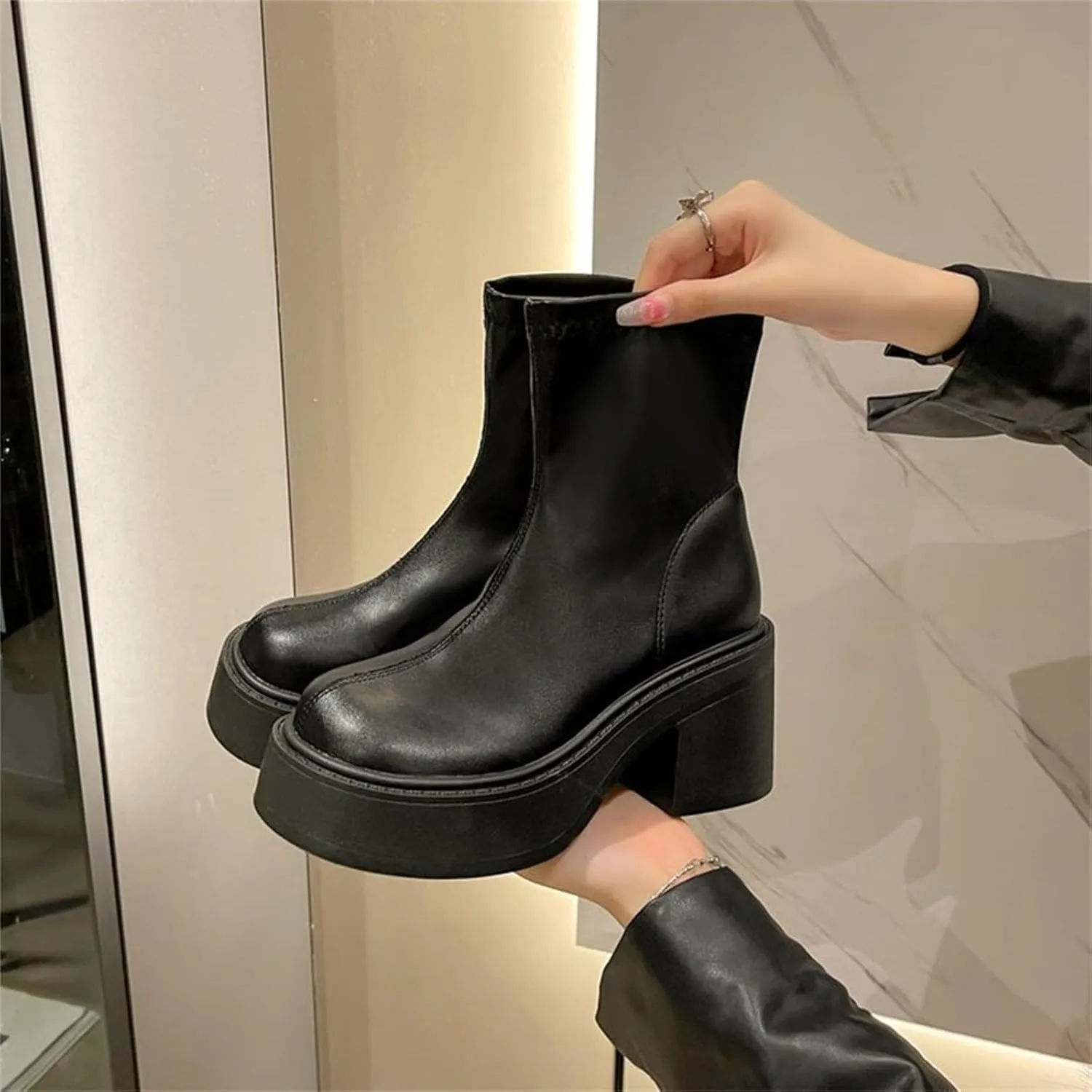 Women Ankle Boots Women Booties Ankle Womans Booties Low Cut Boots for Women Black Leather Ankle Boots for Women Chunky Heel Booties To Wear with Dresses Narrow Ankle