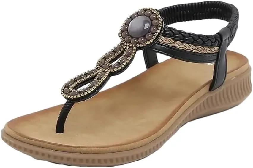 Women Bohemian Pearl Beaded Sandals Rhinestones Flip Flops Slip On Tong Flat Beach Shoes
