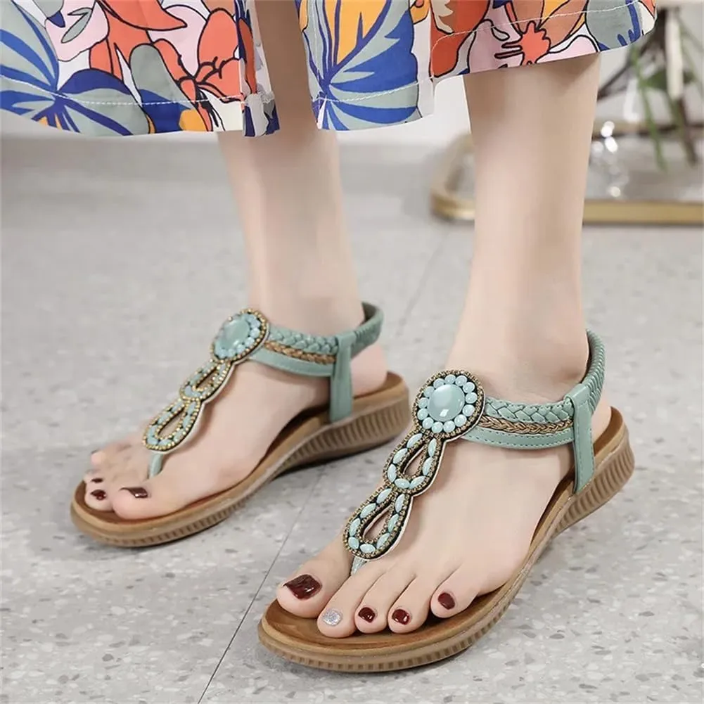 Women Bohemian Pearl Beaded Sandals Rhinestones Flip Flops Slip On Tong Flat Beach Shoes