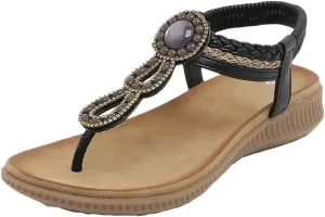 Women Bohemian Pearl Beaded Sandals Rhinestones Flip Flops Slip On Tong Flat Beach Shoes