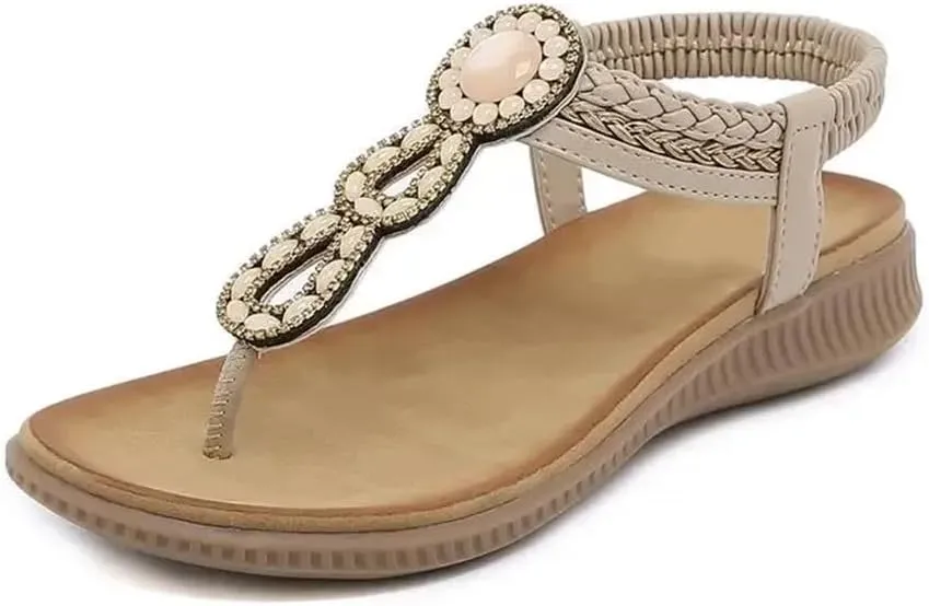 Women Bohemian Pearl Beaded Sandals Rhinestones Flip Flops Slip On Tong Flat Beach Shoes