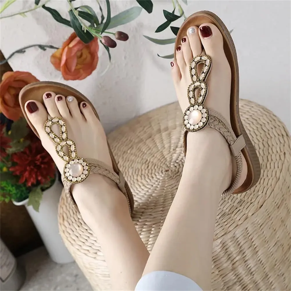 Women Bohemian Pearl Beaded Sandals Rhinestones Flip Flops Slip On Tong Flat Beach Shoes